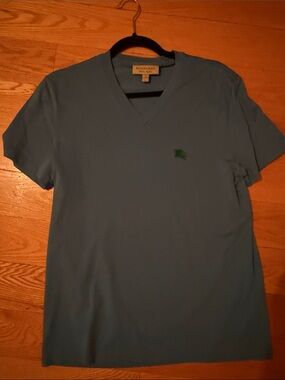 Burberry Light Blue V-Neck Tee with Green Logo